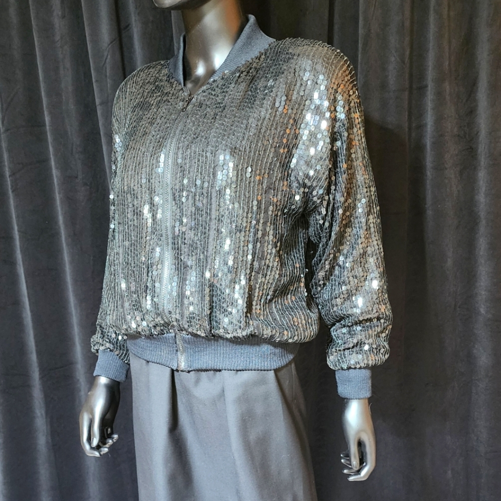 VINTAGE 80’S MARK & JOHN SILK SEQUIN BOMBER JACKET SIZE SMALL MADE IN INDIA